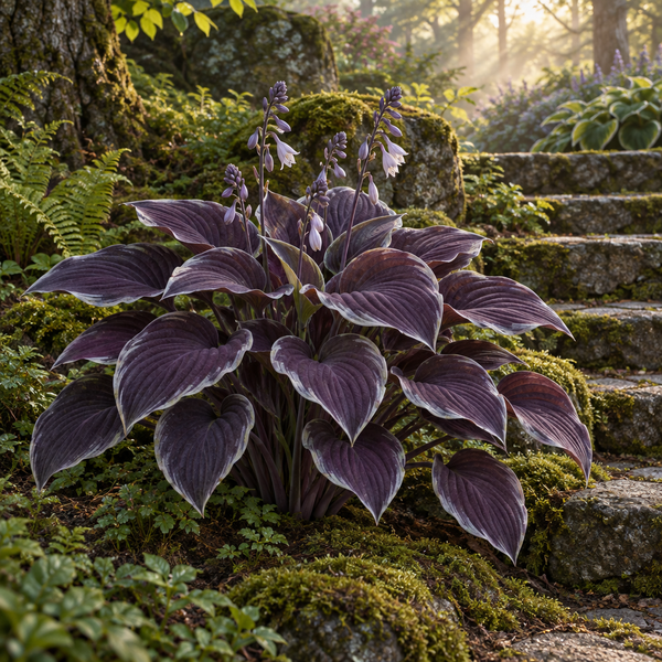 Silverthorn imagined plum and silver hosta in a woodland garden, full-plant concept