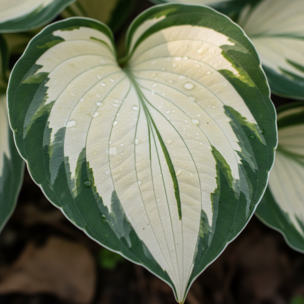 Cream & Green Variegated Hosta macro leaf close-up