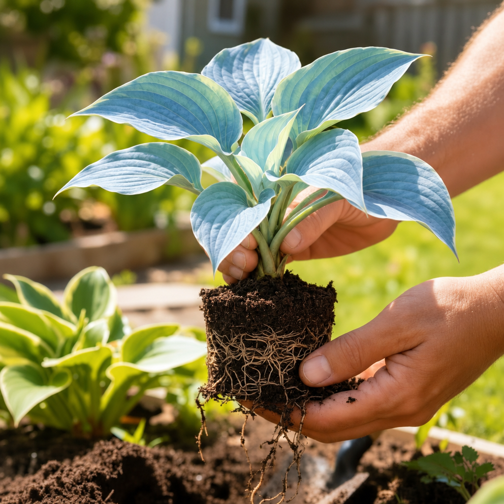 Illustrative small pale blue hosta held in hands with soil and roots; not verified stock