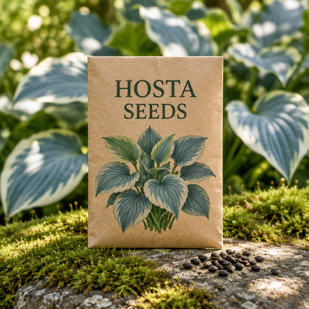 Illustrative packet of hosta seeds; actual packaging and count unverified
