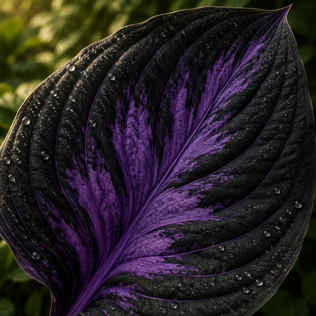 Illustrative macro detail of near-black hosta leaf with purple streaks