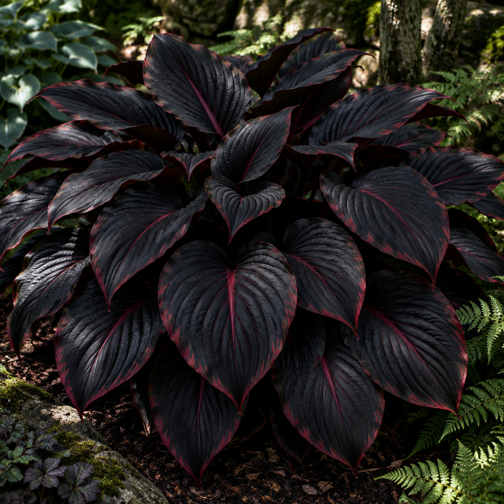 Illustrative Black Ember hosta full plant with near-black leaves and red veins