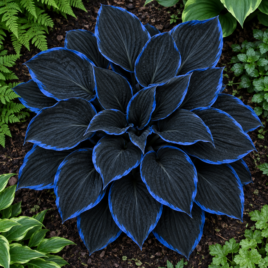 Illustrative near-black hosta with blue-edged leaves from above