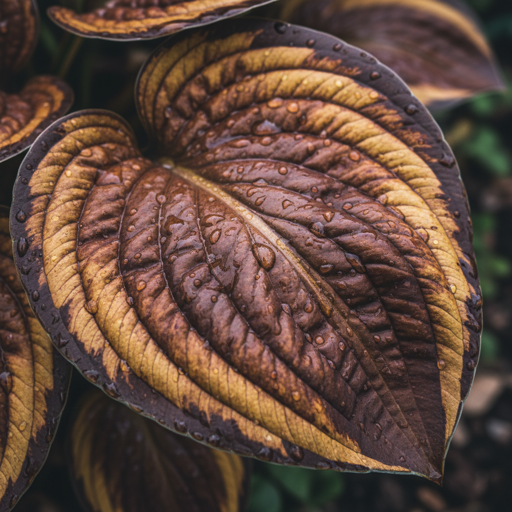 Chocolate & Gold Hosta macro leaf close-up