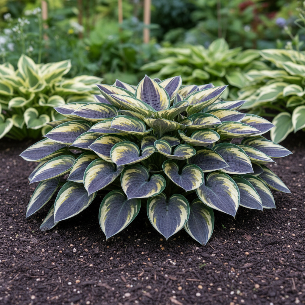 Mixed Colour Hosta side view in garden