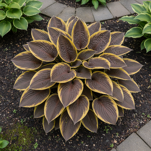 Chocolate & Gold Hosta top view in garden
