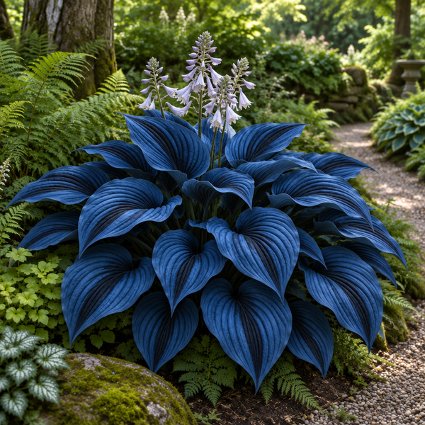 Midnight Stripe imagined dark blue and black-striped hosta, full plant concept