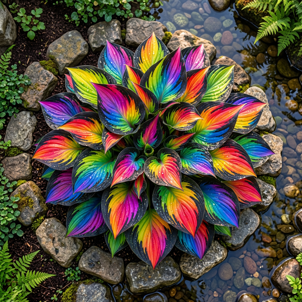 Overhead rainbow hosta concept illustration, not verified cultivar appearance