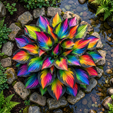 Overhead rainbow hosta concept illustration, not verified cultivar appearance
