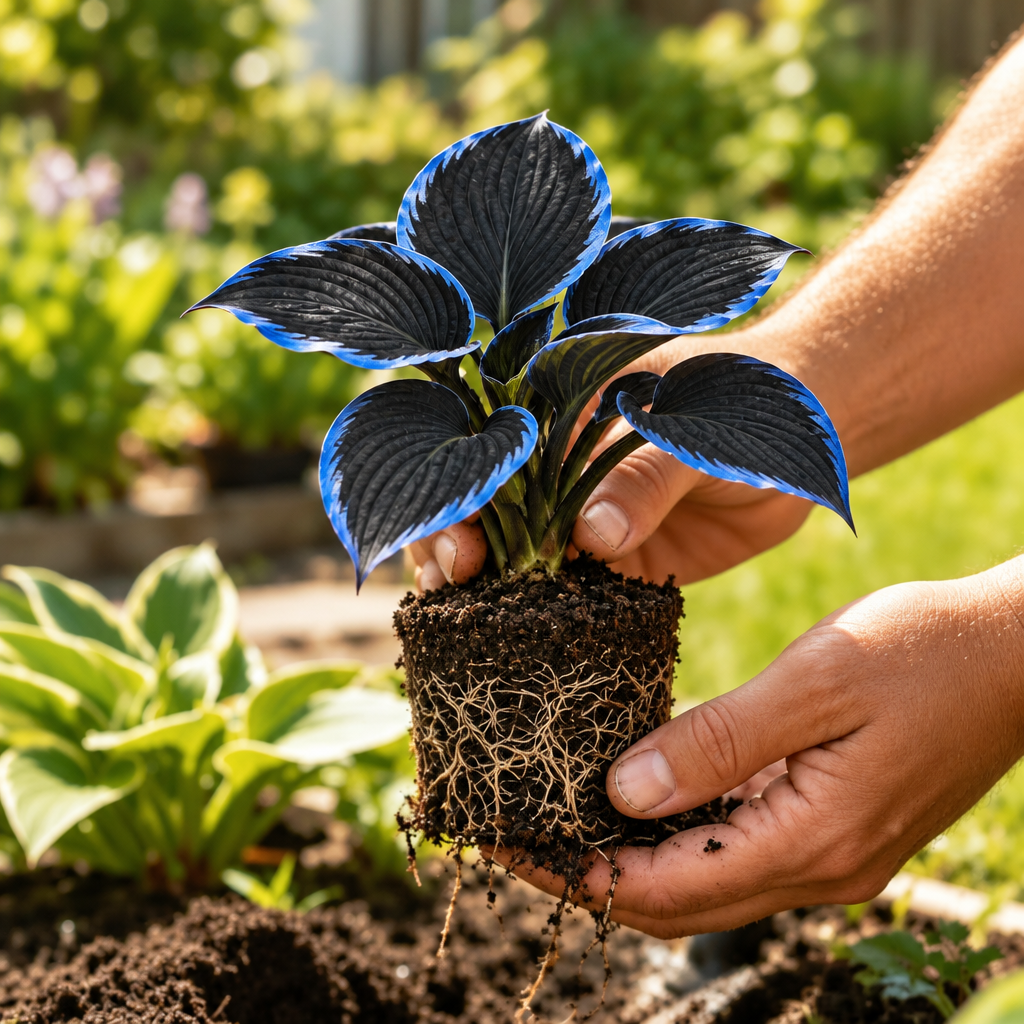 Illustrative small black-and-blue hosta held in hands with soil plug and visible roots