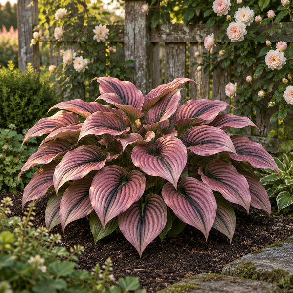 Rose Obsidian concept, full textured pink hosta with black stripes