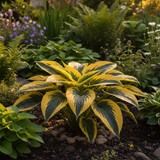 Golden Black-Stripe Hosta side view in garden