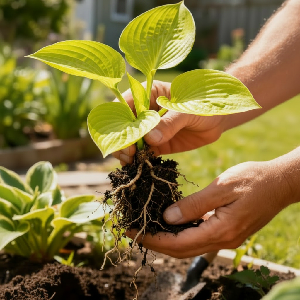 Lime Green Hosta held in garden - reference