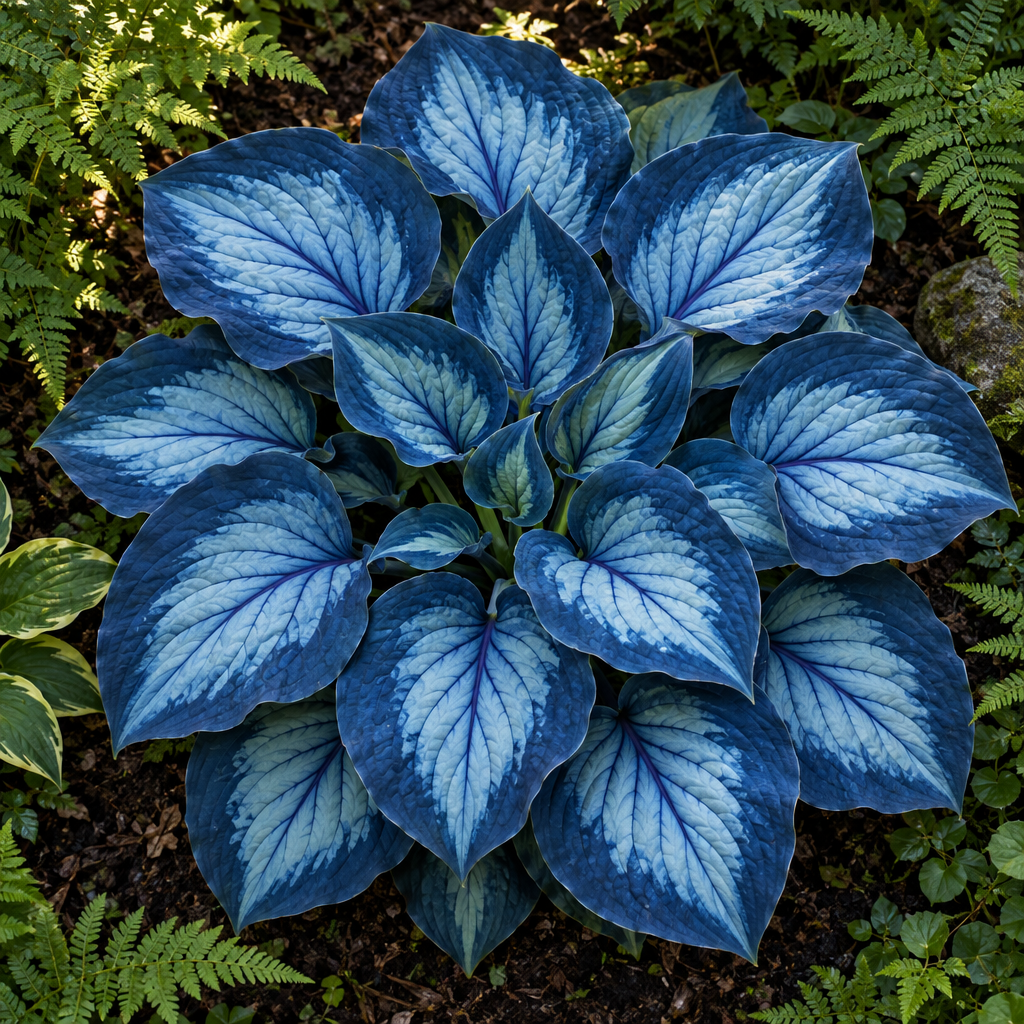 Illustrative Frosted Cobalt hosta, overhead view of blue-patterned foliage