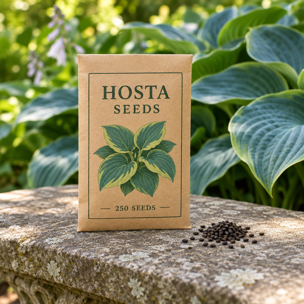 Illustrative hosta seed packet labelled 250 seeds; actual packaging and count unverified