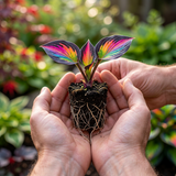 Concept illustration of one small rooted hosta held in hands; pack contains 3 bulbs