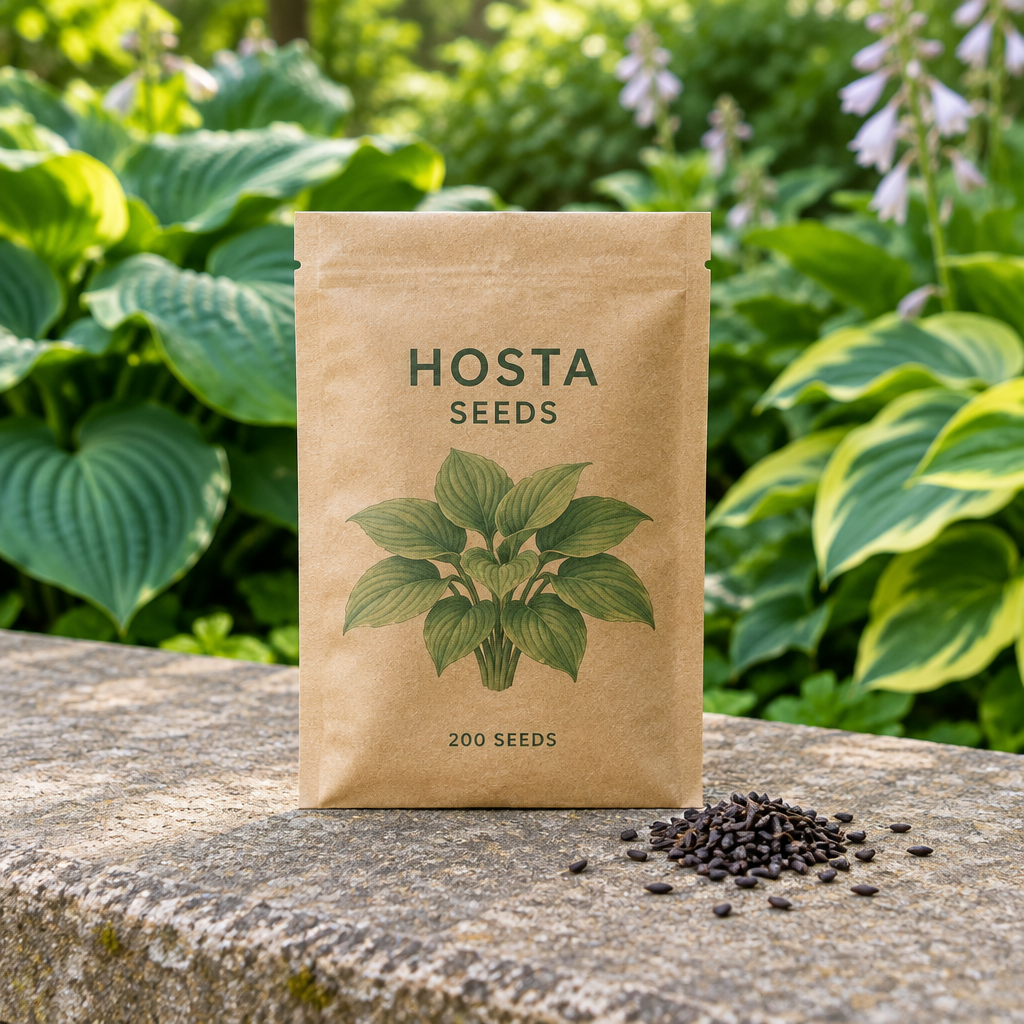 Illustrative hosta seed packet with 200 seeds; actual packaging and count must be confirmed