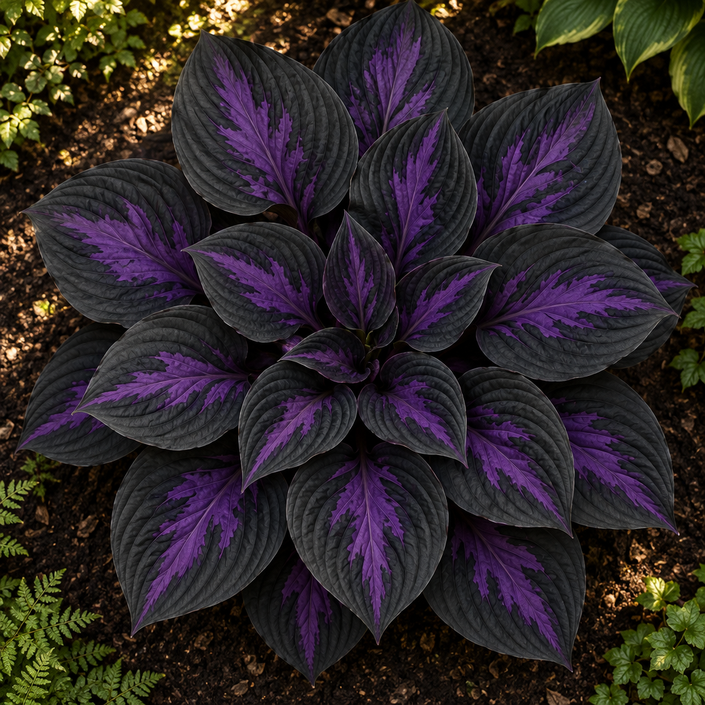 Illustrative overhead view of black-and-purple patterned hosta