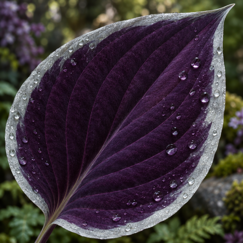 Silverthorn fantasy plum hosta leaf with silver margin, close-up