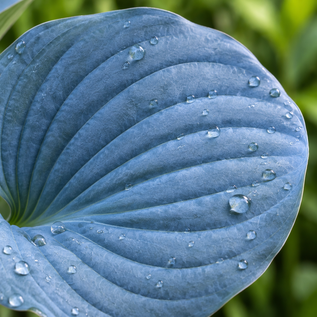 Illustrative powder-blue hosta leaf close-up, seed-grown appearance may vary