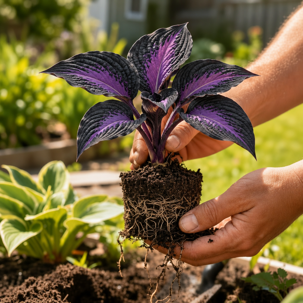 Illustrative small black-and-purple young hosta in hands with soil plug and visible roots