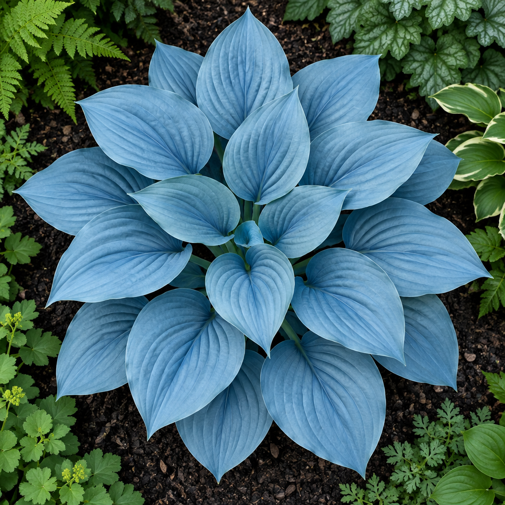 Illustrative powder-blue hosta from above, seed-grown appearance may vary