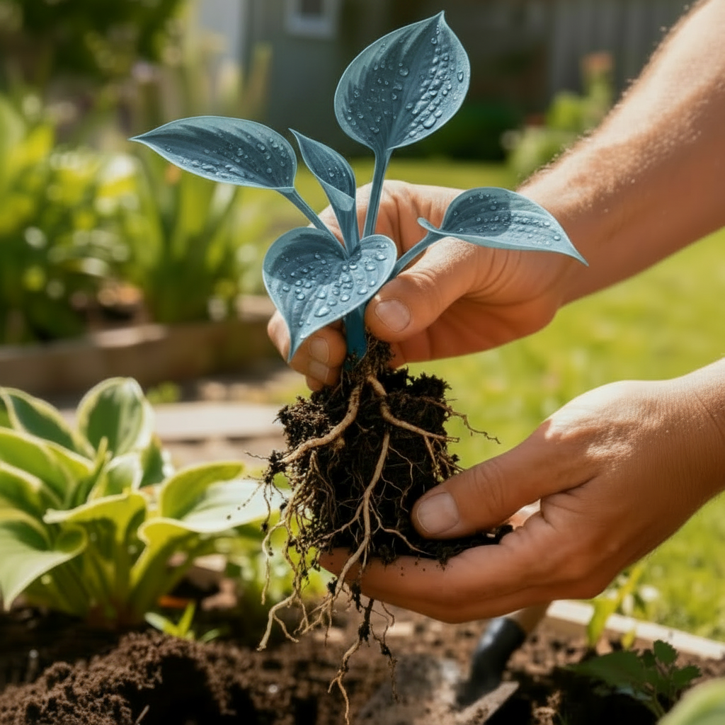 Electric Blue Hosta held in garden - bulb reference