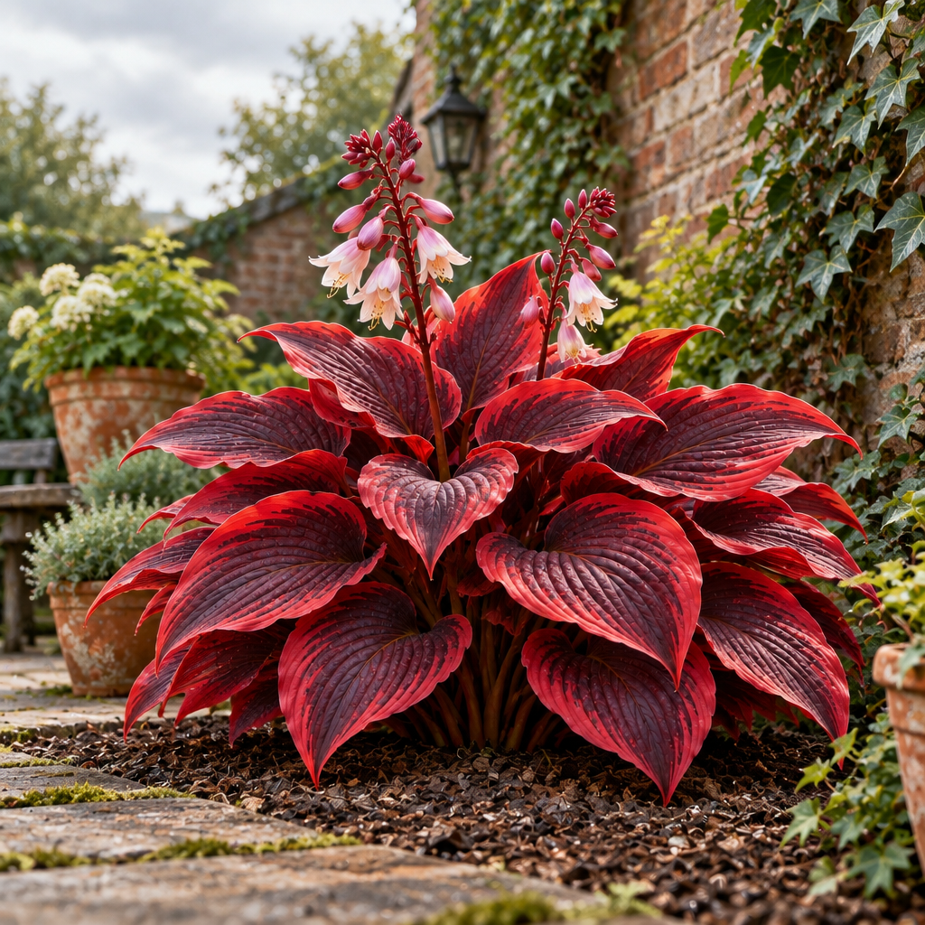 Fantasy red hosta concept, full plant from a low side angle in a brick courtyard garden