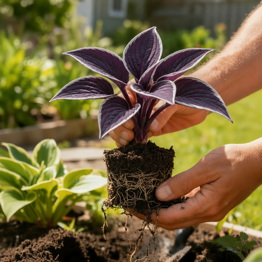Illustrative small plum hosta held in hands with soil and roots; not verified stock