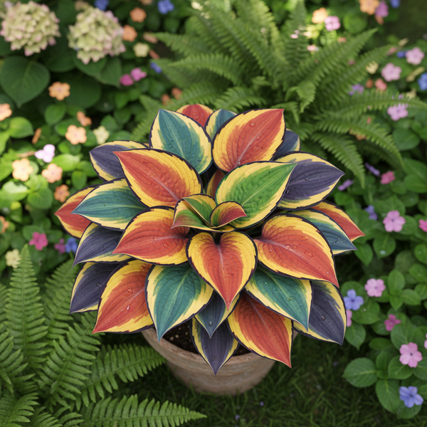Rainbow Hosta top view in garden