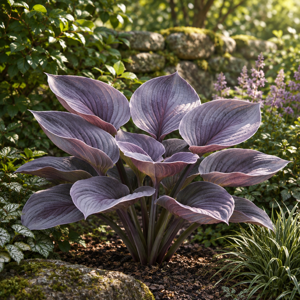 Lavender Veil imagined purple hosta, full plant side garden view
