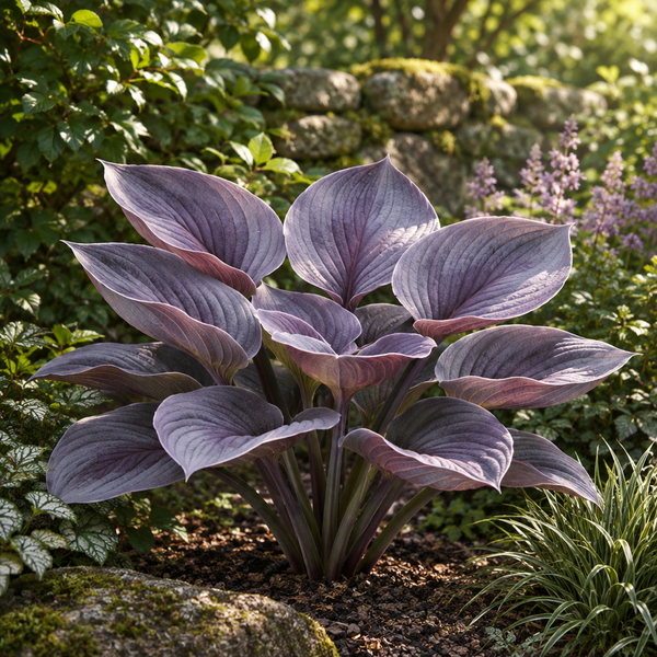Lavender Veil imagined purple hosta, full plant side garden view