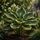 Jade Gild fantasy hosta in garden, full plant side angle