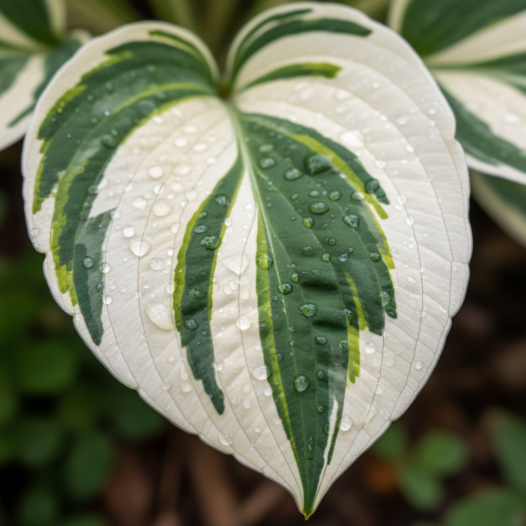 Cream & Green Variegated Hosta macro leaf close-up