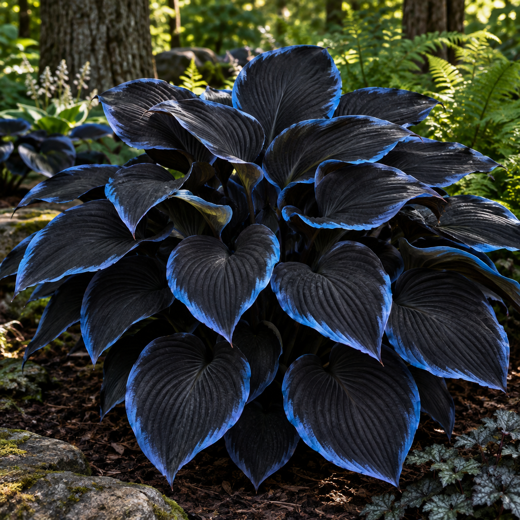 Illustrative Midnight Cobalt full hosta with near-black leaves and blue edges