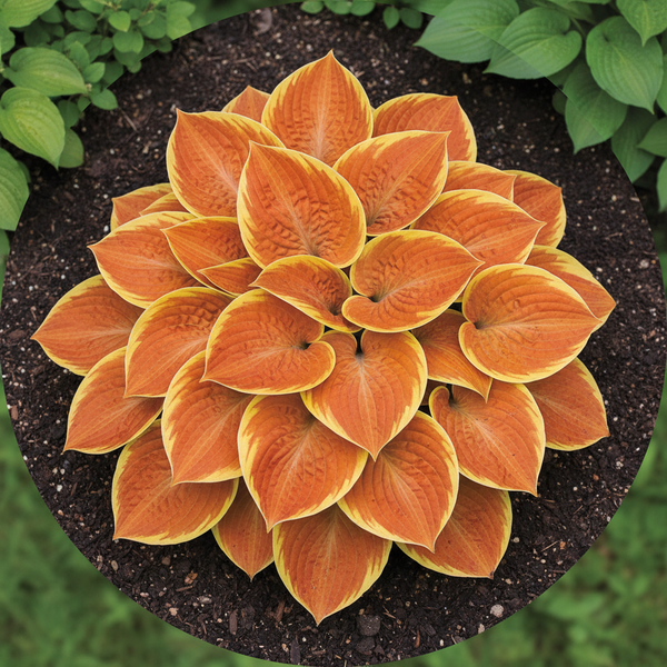 Sunset Orange Hosta top view in garden