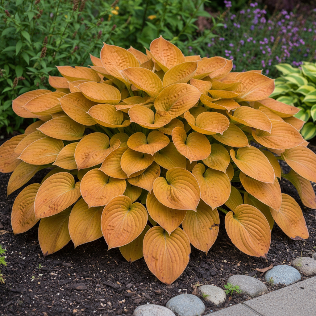 Sunset Orange Hosta side view in garden