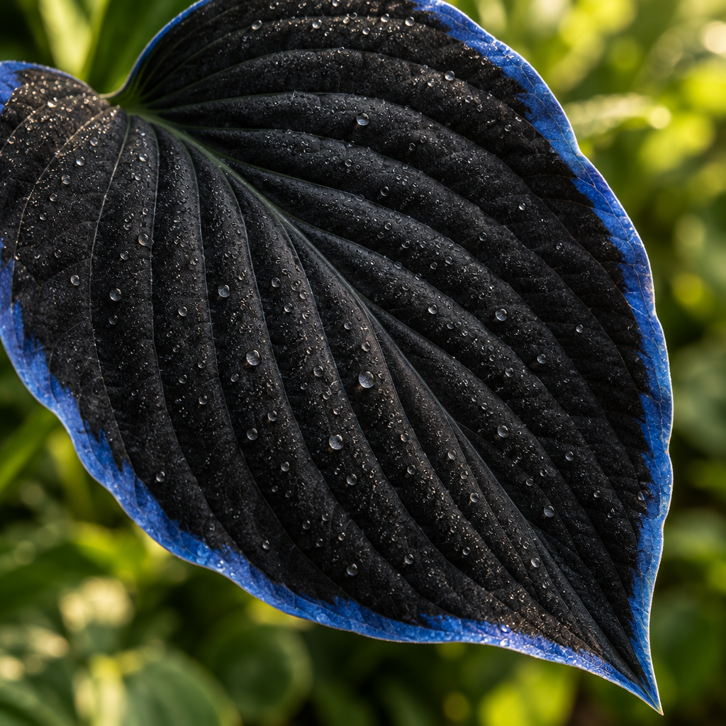 Illustrative dark hosta leaf detail with cobalt-blue margin