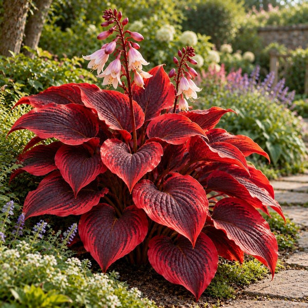 Fantasy red hosta concept, side view in realistic garden