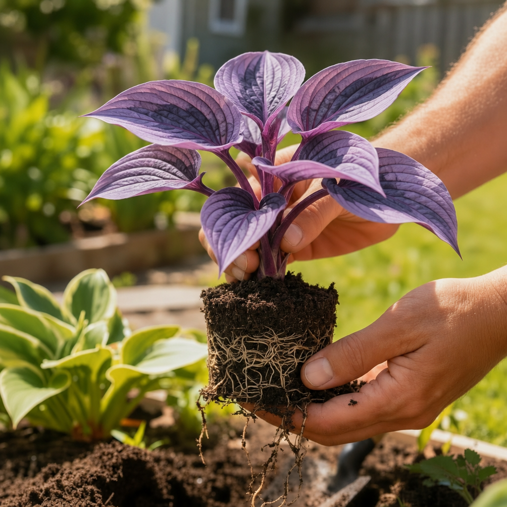 Illustrative small lavender hosta held in hands with soil and roots; actual stock unverified