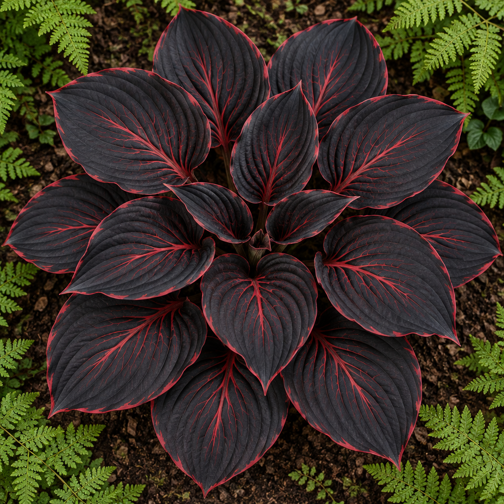 Illustrative black and red hosta viewed from overhead