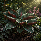 Illustrative mature hosta plant in lush garden; seed-grown appearance varies