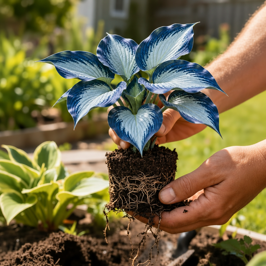 Illustrative small blue-patterned young hosta held in hands with soil plug and visible roots