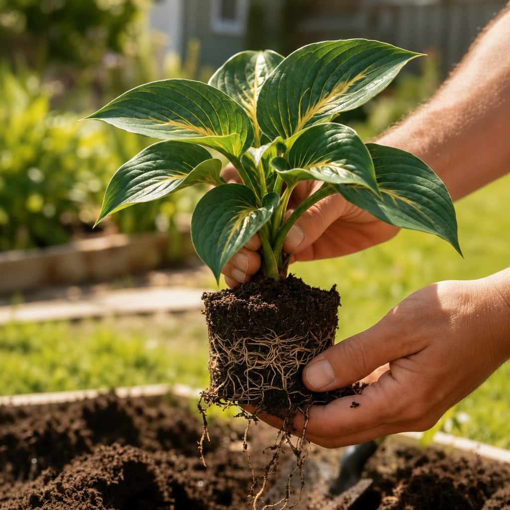 Illustrative small jade hosta held in hands with soil and roots; actual stock unverified