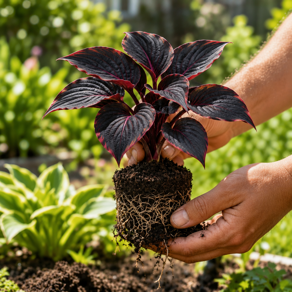 Illustrative small near-black hosta held in two hands with soil plug and visible roots