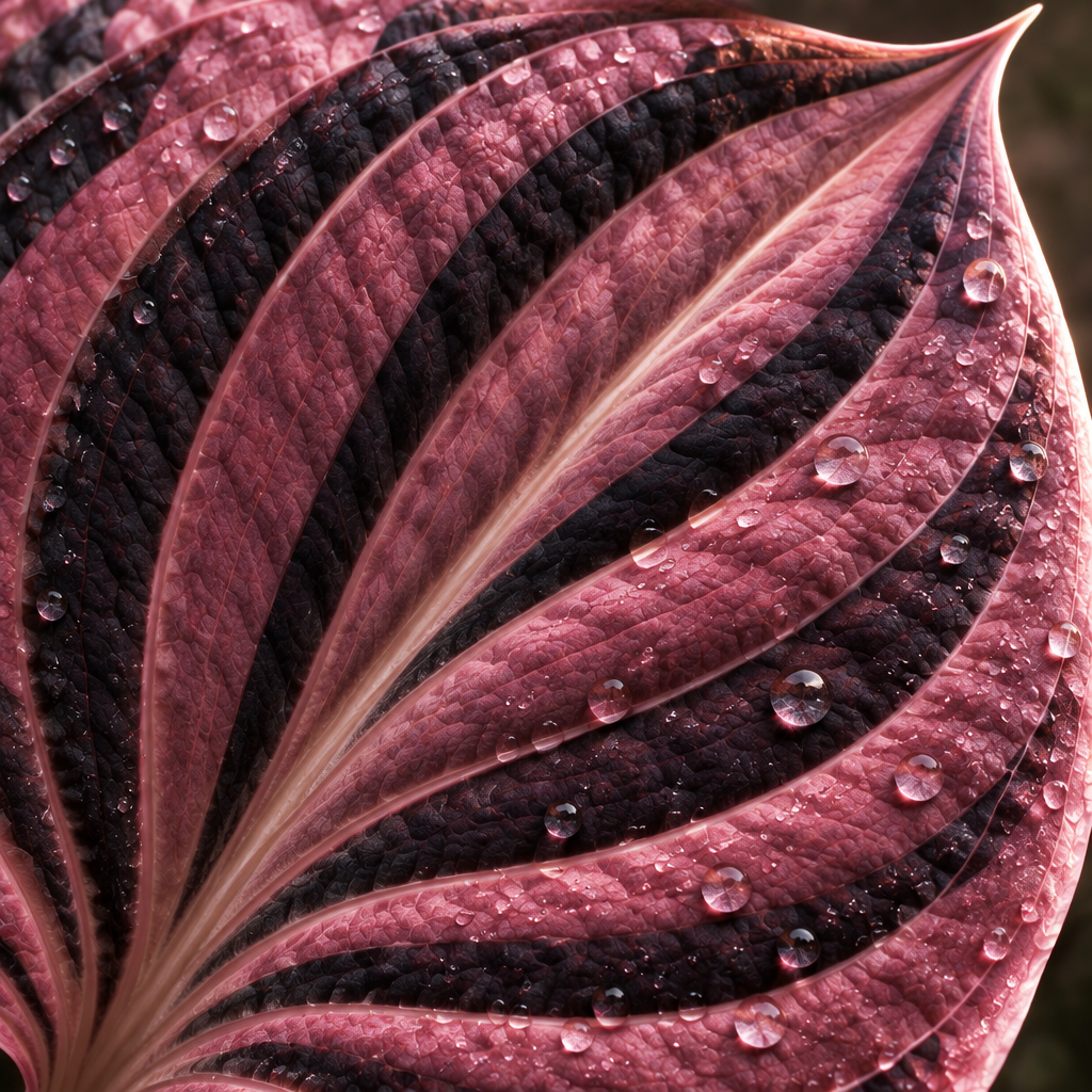 Rose Obsidian concept, raised pink leaf veins and near-black stripes close-up
