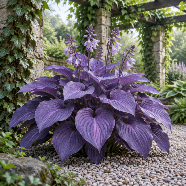 Amethyst Dawn imagined purple hosta in pergola garden, full-plant concept