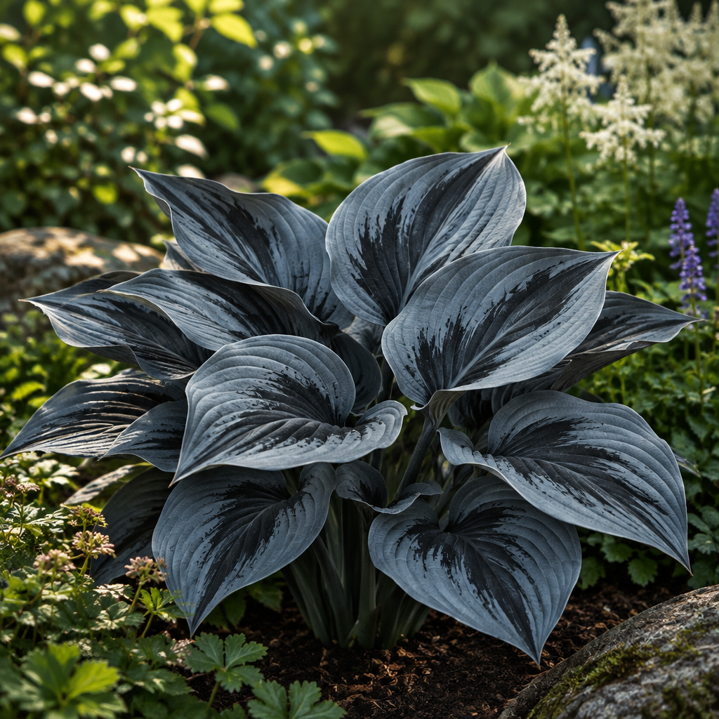 Smoky Blue fantasy hosta with blue-grey foliage and charcoal markings, full plant side view
