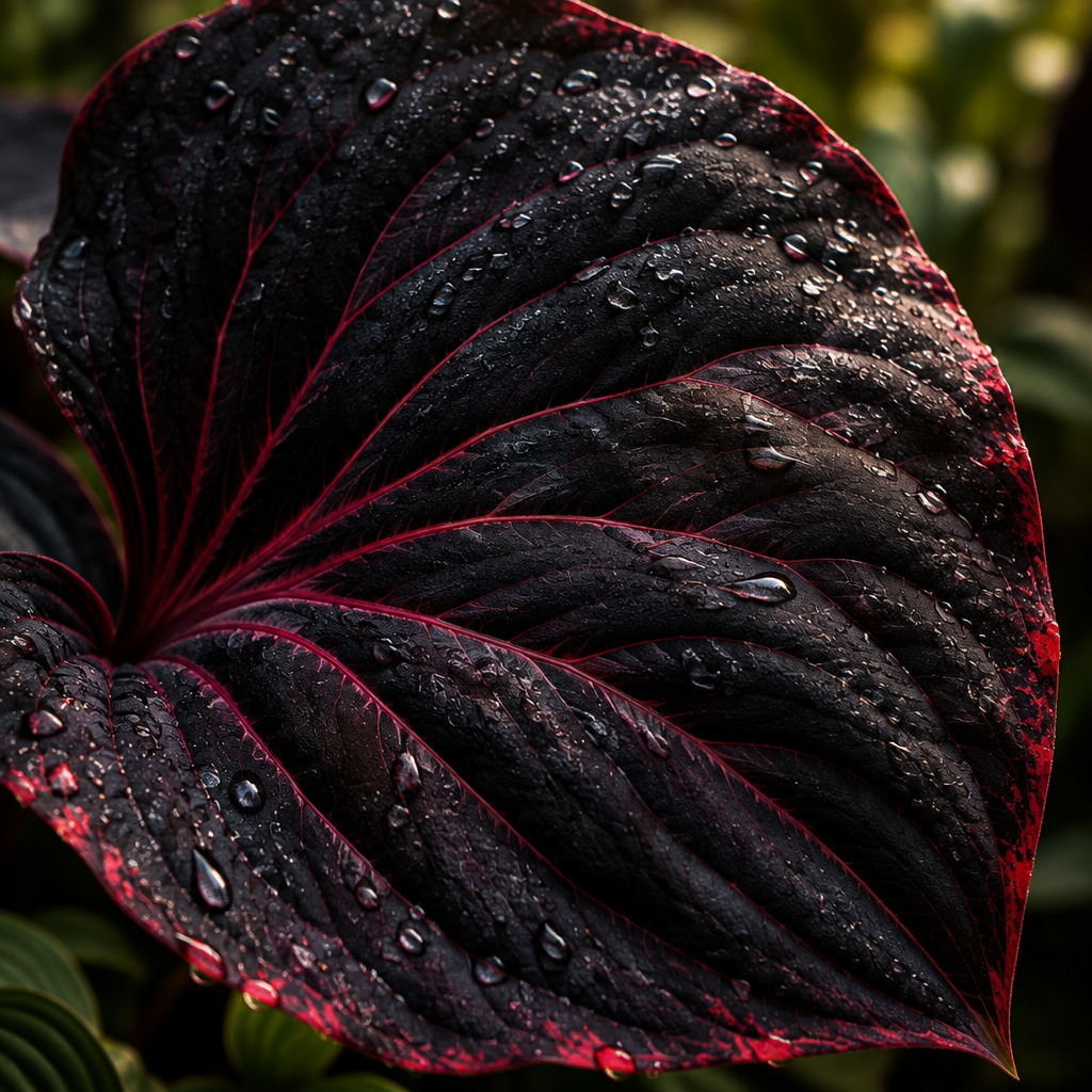 Illustrative near-black hosta leaf detail with narrow red pattern