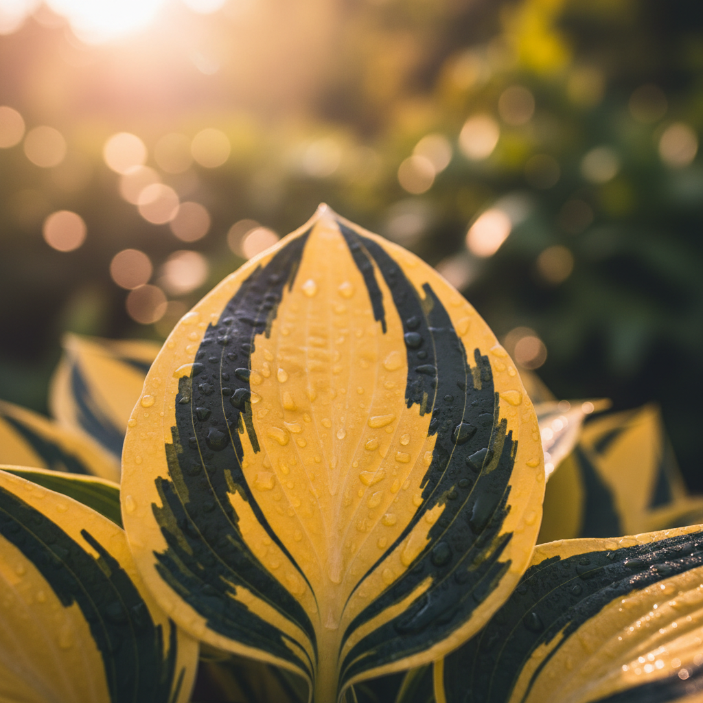 Golden Black-Stripe Hosta macro leaf close-up